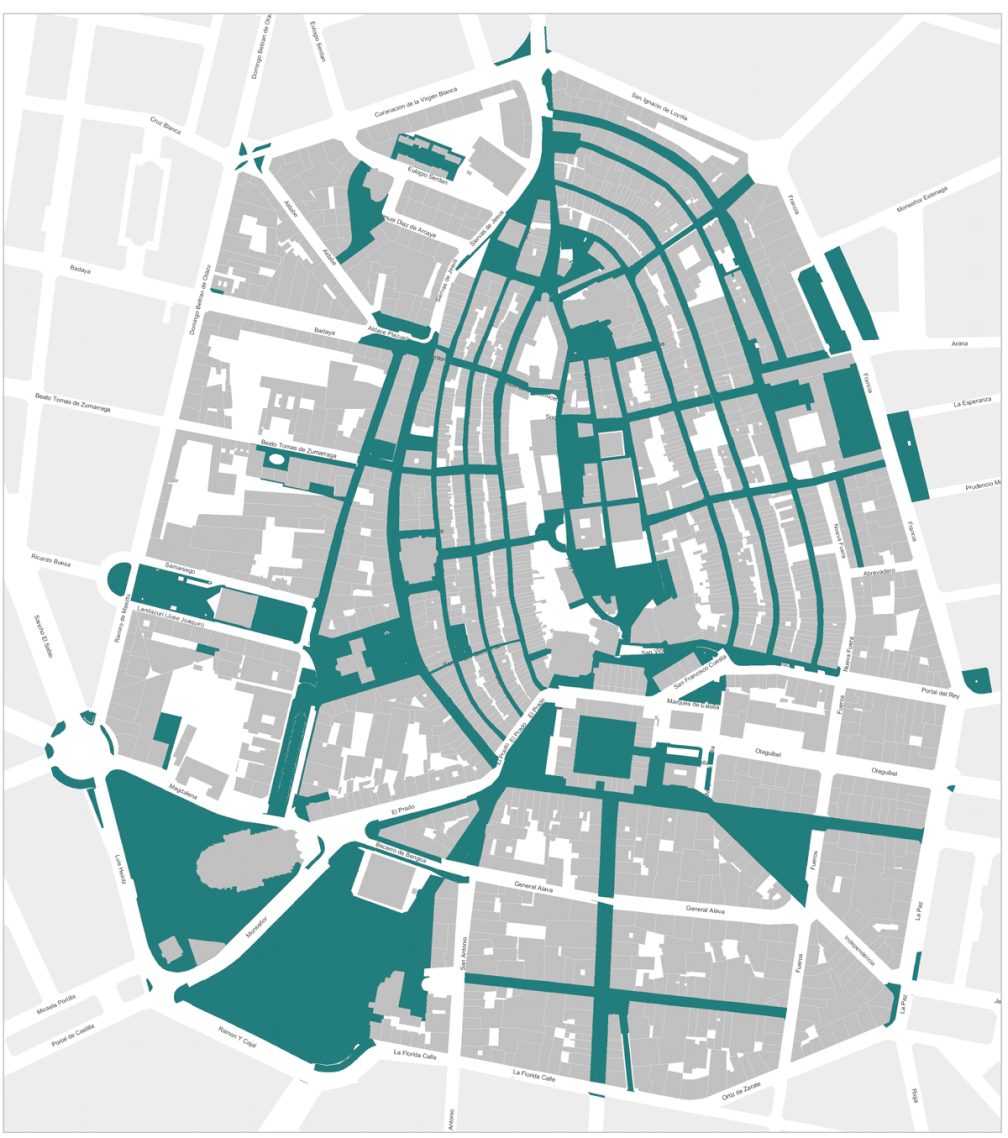 Mapa de espacios de estancia en la supermanzana de Vitoria